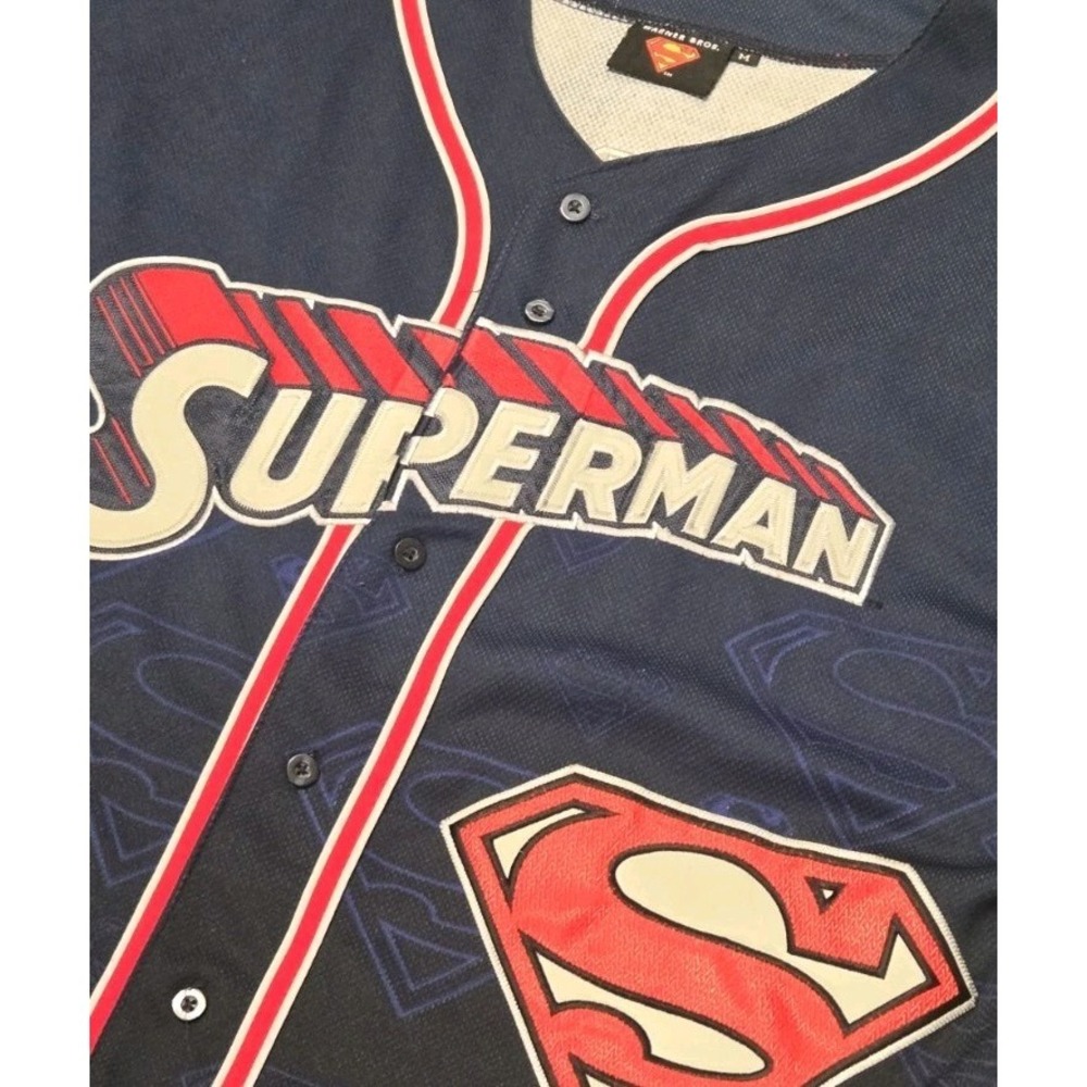 VINTAGE Y2K Warner Bros Superman Baseball Jersey #1 Navy Blue Button Up Size M